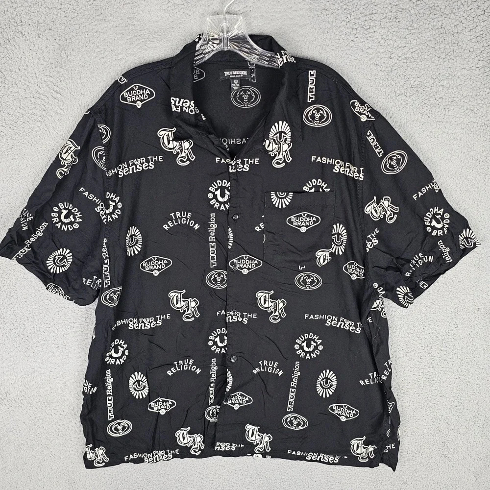 True Religion Button Up Mens 3XL Black Buddha Brand Graphic AOP Resort Shirt
